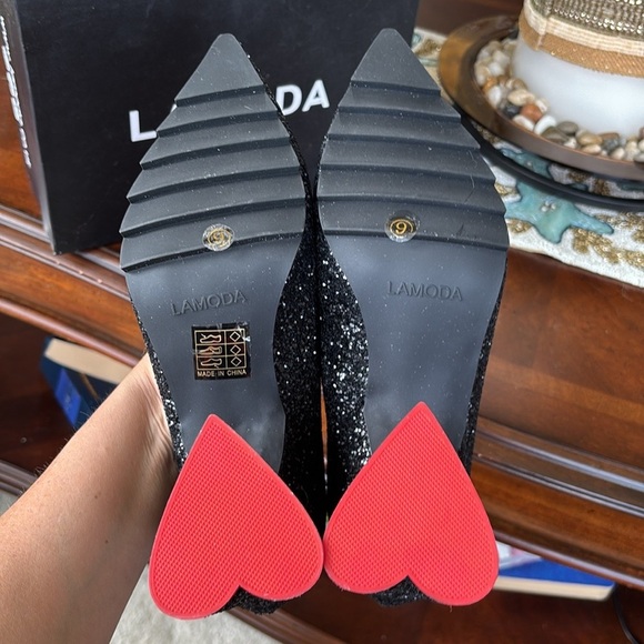 Brand New Lamoda My Love Glitter Heels Pointed Toe Heart Shaped Block Heels - Picture 10 of 16